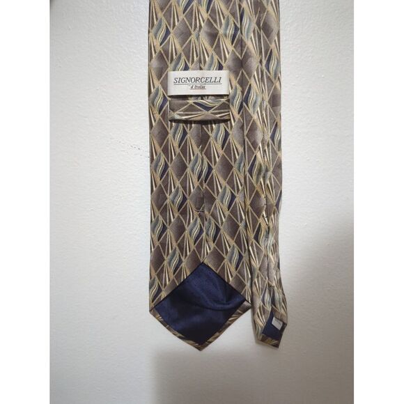 Signorcelli d'Italia 100% Silk Mens Necktie Gold Geometric Print Hand Made - Picture 3 of 6